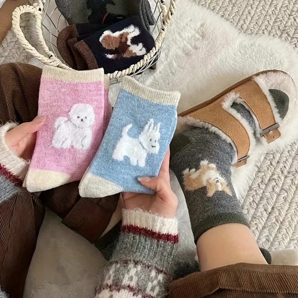 Women’s Socks  & Hosiery 4 Pairs Fuzzy Puppy Pattern Socks Warm Mid Tube Socks